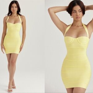 HOUSE OF CB Maliha Buttercup Bandage Halter Mini Dress size XS